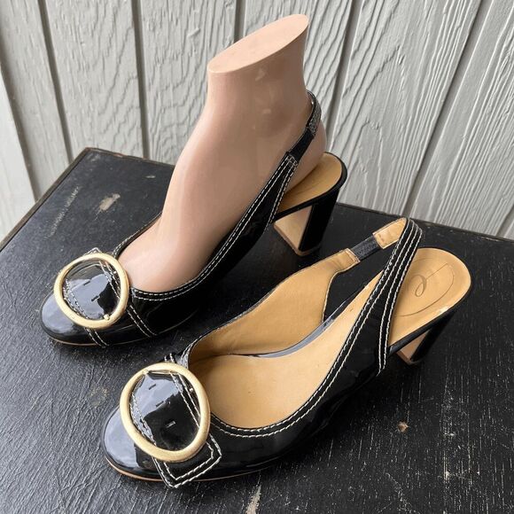 Y2K Easy Spirit Black Patent Slingback Block Heels Buckle 7.5 - Picture 2 of 9